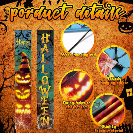 2-Piece Halloween Door Banners, Evil Pumpkin Witch Hat Porch Wall Hanging Decor
