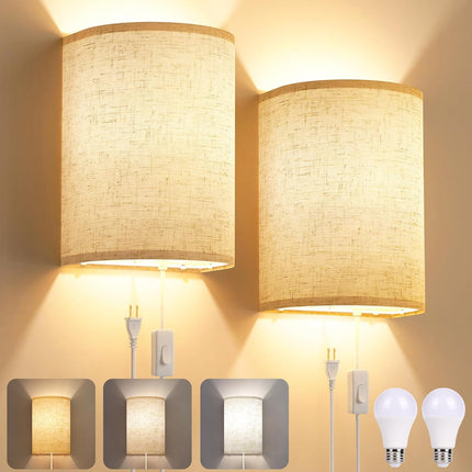 Set of 2 Plug In Wall Sconces Linen Fabric Shade Stepless Color Temperature Lamp