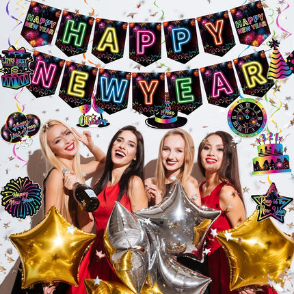 Happy New Year 2026 Decorations – Colorful Banner & Hanging Swirls Party Set