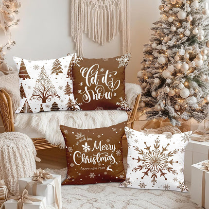 Set of 4 Holiday Throw Pillow Covers, 18x18 – Merry Christmas & Snowflake Winter Decor