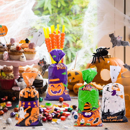 160PCS Halloween Cellophane Treat Bags, Pumpkin Ghost Witch Spider with Twist Ties