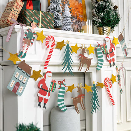 Merry Christmas Banner – Santa, Stocking & Reindeer Garland for Holiday Decor
