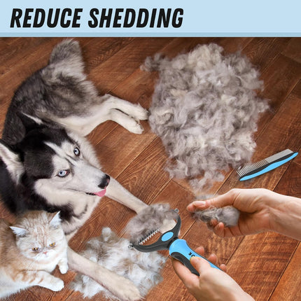 Pet Grooming Combo, Blue Deshedding Brush & Metal Comb for Cats & Dogs