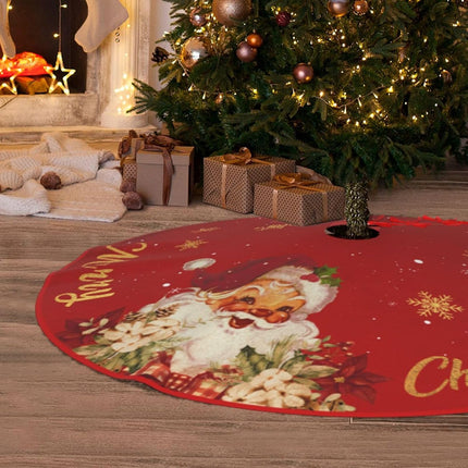 Red and Gold Christmas Tree Skirt Mat, 48 Inch Santa & Snowflake Design