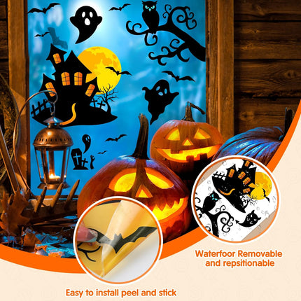 Large Halloween Wall Decals, Removable Vinyl Witch Bat Pumpkin Stickers for Decor