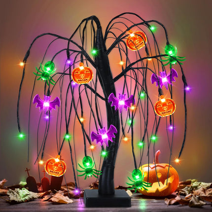 18in Halloween Willow Tree, 36 LED Pumpkin Bat Spider Lights, Timer & USB/Battery