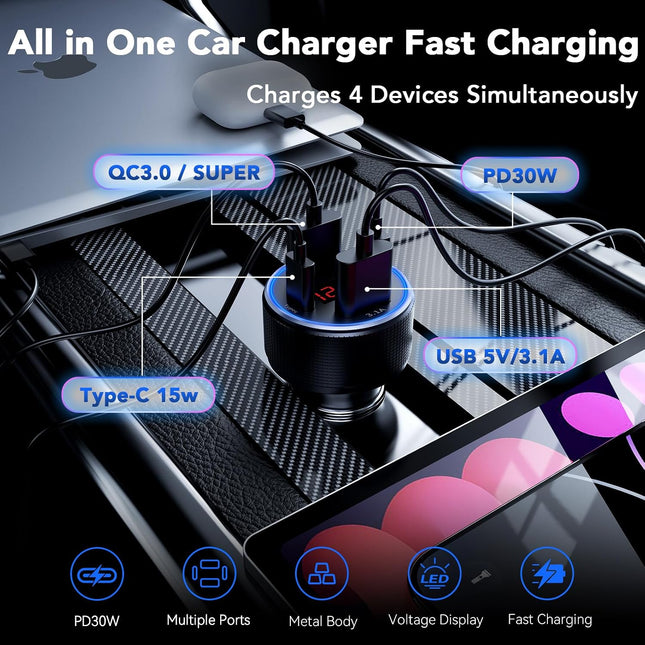78W 4-Port USB-C Car Charger, 2 USB-C & 2 USB-A with Voltmeter, Metal Adapter