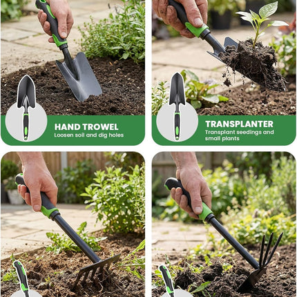 4-Piece Garden Tool Set, Stainless Steel, Soft Grip Handles, Trowel, Rake & Hoe