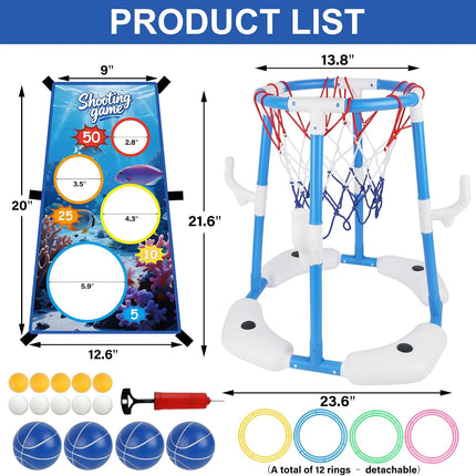 3-in-1 Pool Basketball Hoop Set, Floating Pool Toys with Balls & Rings, Kids