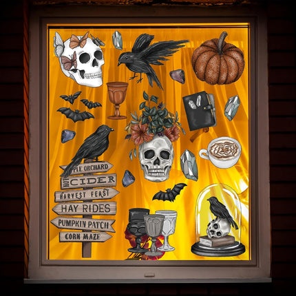 76-Piece Halloween Window Clings, Gothic Skull Pumpkin Crow Double-Sided Decals