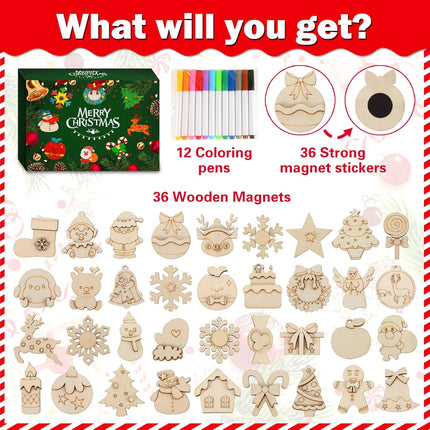 36-Piece Christmas Craft Kit – DIY Wooden Magnets for Kids’ Art & Painting Fun