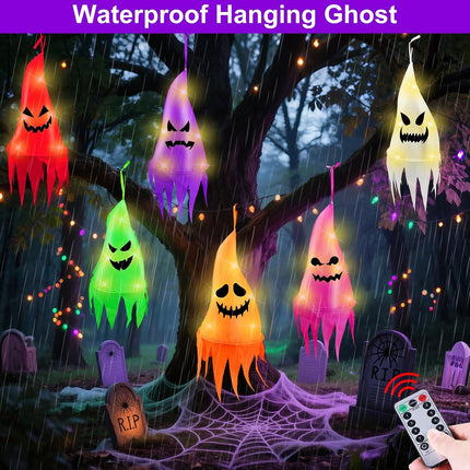 6-Piece 13FT Light-Up Halloween Ghosts with Witch Hats, 8 Modes, Remote Control