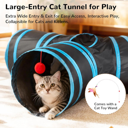 Interactive Cat Tunnel Tube Toy for Indoor Cats with Hanging Ball Black Blue