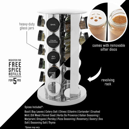 20-Jar Revolving Spice Rack with Free 5-Year Refills – Stainless Steel