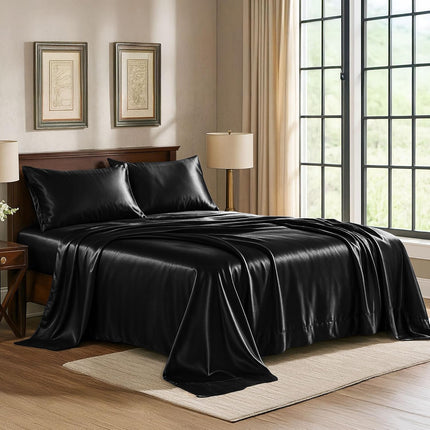 Queen Satin Sheets 4-Piece Black, Silky Soft 1800 Microfiber, Deep Pocket