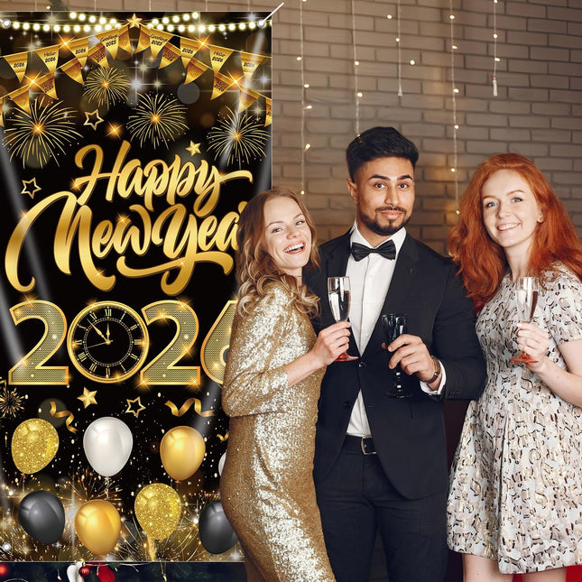 Happy New Year 2026 Door Cover – Black & Gold NYE Party Decoration