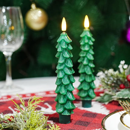3PCS Green Tree LED Candles – Flameless Wax Christmas Taper Candles for Decor