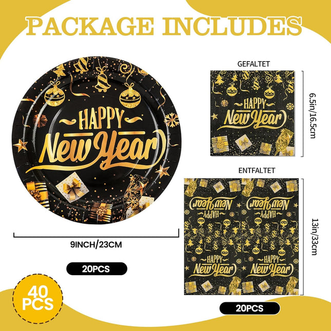 40 PCS Happy New Year Black & Gold Plates & Napkins Tableware Set for 20