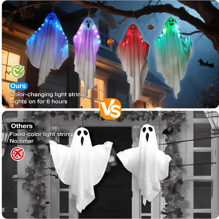 2-Piece Color-Changing Light-Up Hanging Ghosts, Auto-Timer Halloween Yard Decor