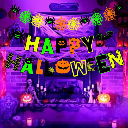 Glow-in-the-Dark Halloween Garland, Happy Halloween Banner with Bat & Spider Web
