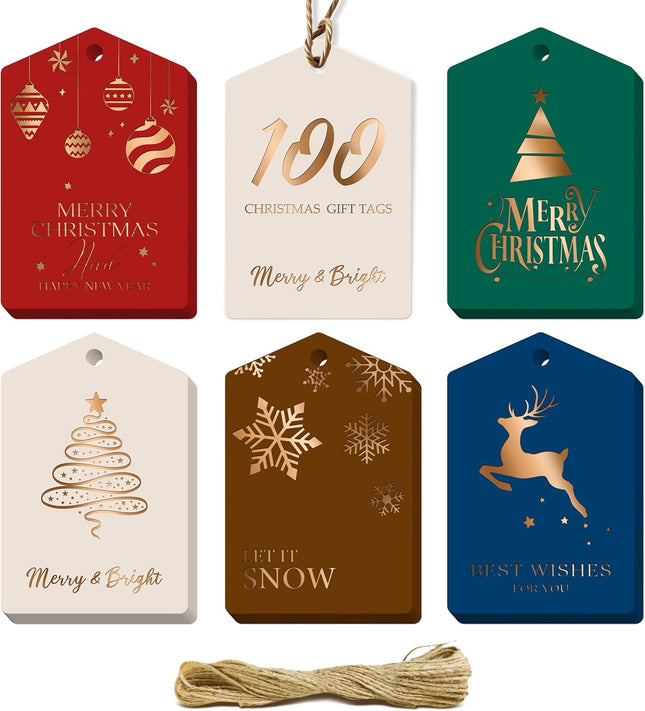 100PCS Christmas Gift Tags – Gold Foil with 33ft Rope for Holiday Gifts