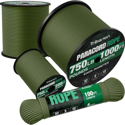 750LB 4MM Paracord Rope, 12-Strand 5/32" Survival Cord, 100-1000FT Spool for Camping