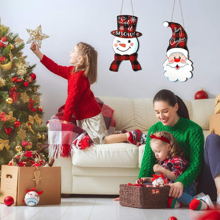 2PCS Christmas Hanging Door Signs, Santa Claus, Snowman & Xmas Tree Wooden Decorations