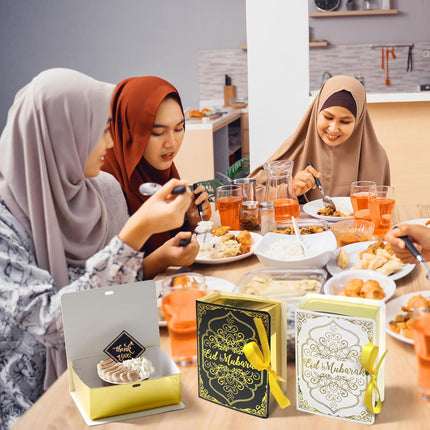 12 Pcs Ramadan Eid Mubarak Favor Boxes – Square Candy Boxes with Golden Ribbon