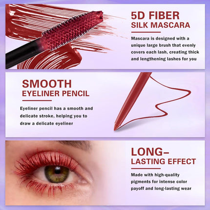 Burgundy Mascara & Eyeliner Set 5D Waterproof Volumizing Red Lash Makeup