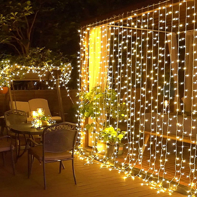 300 LED Curtain String Lights – Warm White, Plug-In with Remote Control