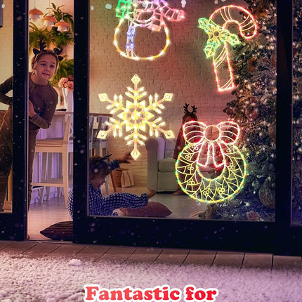 4 Pack Christmas Window Silhouette Lights Wreath, Candy Cane, Snowflakes, Snowman