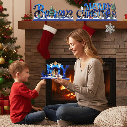 3-Pc Wooden Nativity Table Decor – Christian Christmas Centerpiece Set (Blue)