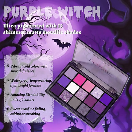 15-Color Purple Eyeshadow Palette, Matte Shimmer Metallic Glitter, Smoky Makeup Palette
