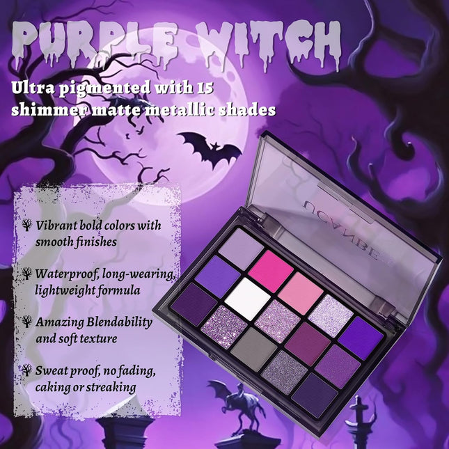 15-Color Purple Eyeshadow Palette, Matte Shimmer Metallic Glitter, Smoky Makeup Palette