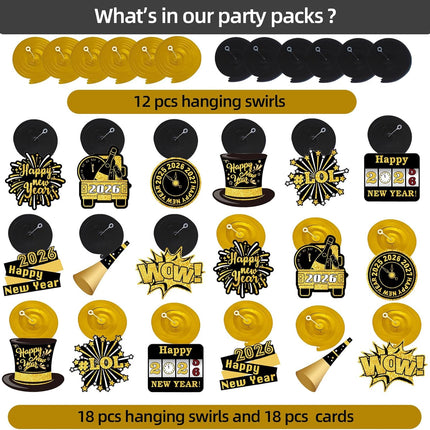 30-Piece Happy New Year 2026 Hanging Swirls – Party Decor with Champagne & Stars