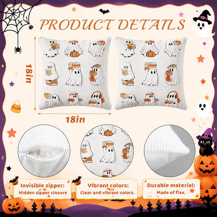 2-Pack 18x18in Halloween Reading Ghost Pillow Covers, Cute Book Lover Decor
