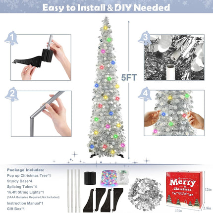 5FT Silver Christmas Pop-Up Tree LED Lights, Timer, Glitter Pencil Tree Decor