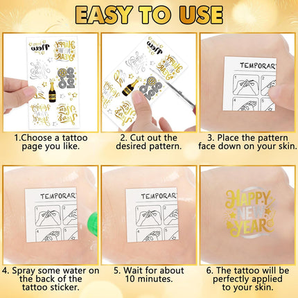 12-Pc Glitter NYE Tattoos – 135 Styles Black, Gold & Silver Party Supplies