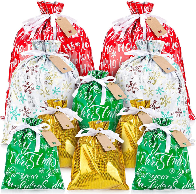 10PCS Christmas Drawstring Gift Bags with Tags – Assorted Large & Medium Sizes for Xmas Presents