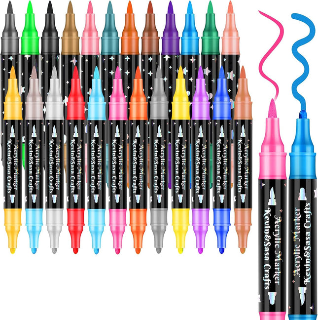 24 Colors Dual Tip Acrylic Paint Marker Pens Set, Brush and Round Tips for Art and Crafts