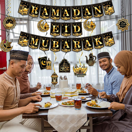 Ramadan & Eid Mubarak 2-in-1 Decoration Set – Banners & Hanging Swirls