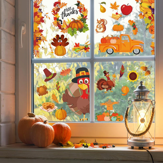 Fall Thanksgiving Window Stickers 145pcs, Pumpkin & Leaves Window Decor