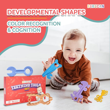 Baby Teether Toy – 5 Food-Grade Silicone Teething Toys with Safety Straps