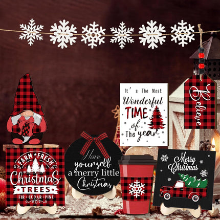 14-Pcs Christmas Tiered Tray Decor – Buffalo Plaid Snowflake Gnome Wooden Signs