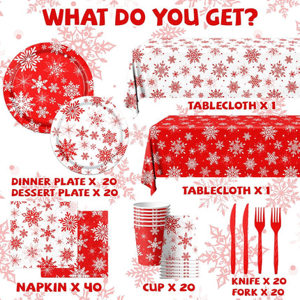 142-Piece Christmas Snowflake Party Supplies Red & White Plates and Napkins Set