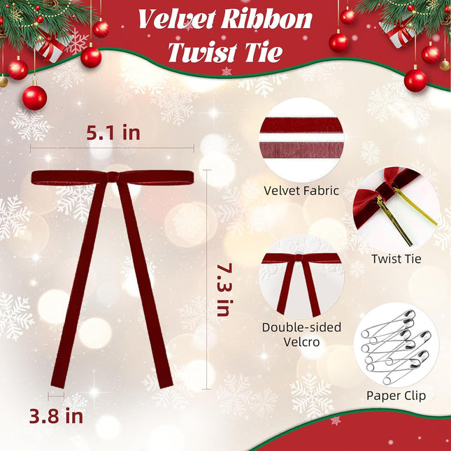 24PCS Velvet Christmas Bows – Wine Red Rustic Ribbon Bows for Tree & Wreaths