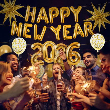 Happy New Year 2026 Balloon Set Metallic Gold Confetti & Number Balloons