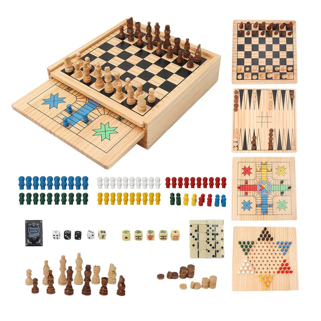 9-in-1 Board Game Set Chess Checkers Ludo Backgammon Poker Dice Combo