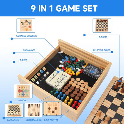 9-in-1 Board Game Set Chess Checkers Ludo Backgammon Poker Dice Combo