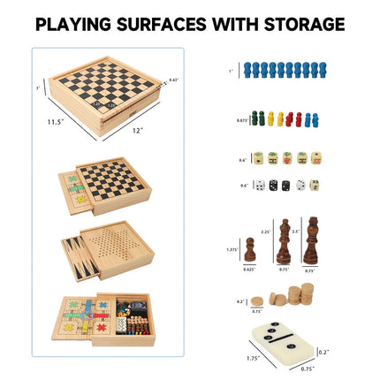 9-in-1 Board Game Set Chess Checkers Ludo Backgammon Poker Dice Combo